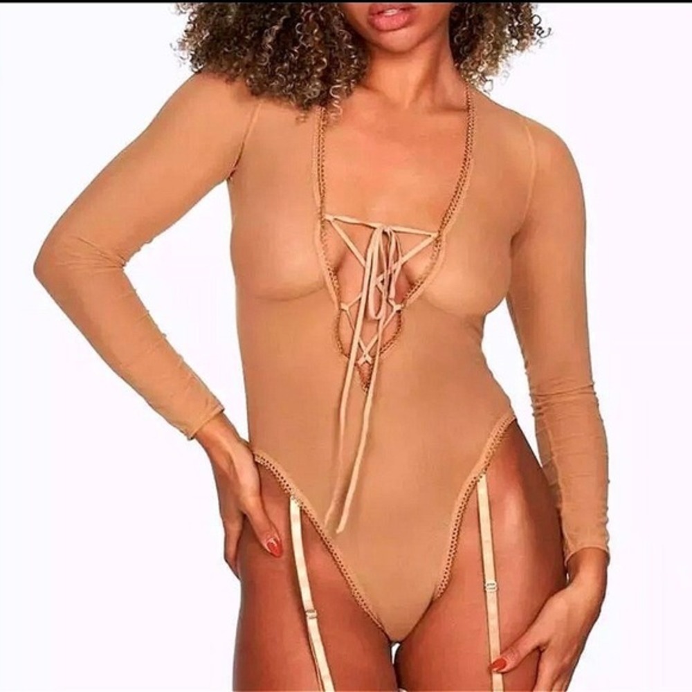 Fredericks of Hollywood Lola Lee Sheer Mesh Garter Bodysuit Tan Long Sleeve NEW